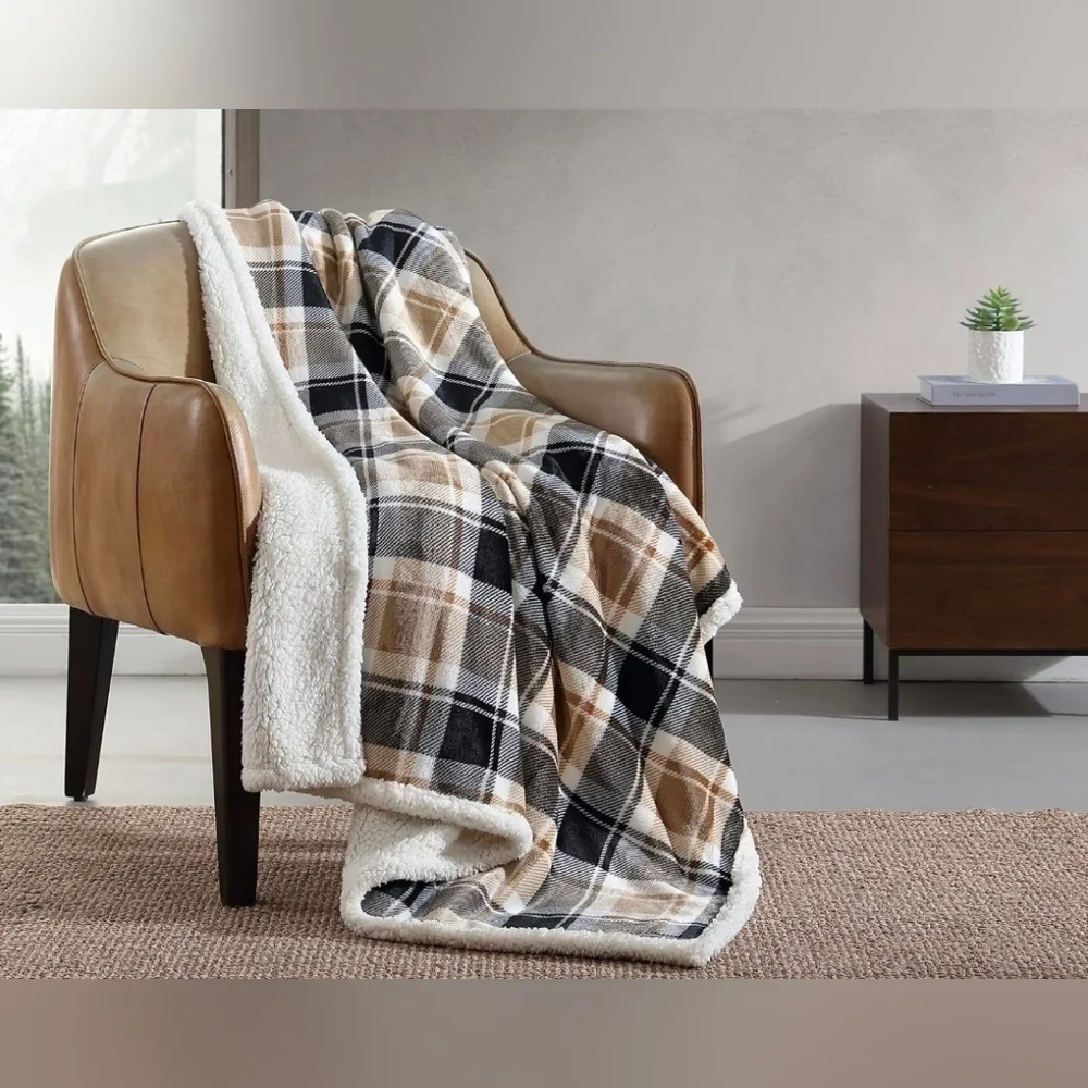 Eddie Bauer Plaid Sherpa Throw Blanket - Black, Tan, and Cream, 50